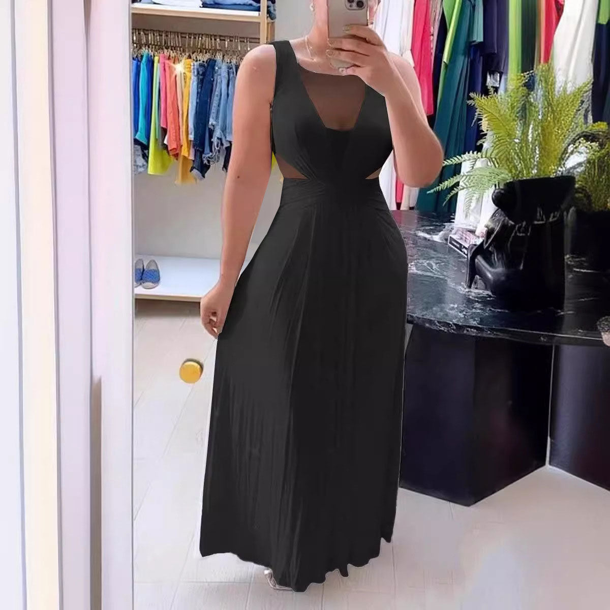 Sexy See-Through Low Back Pleated Stretch Slim Waist Dress 5