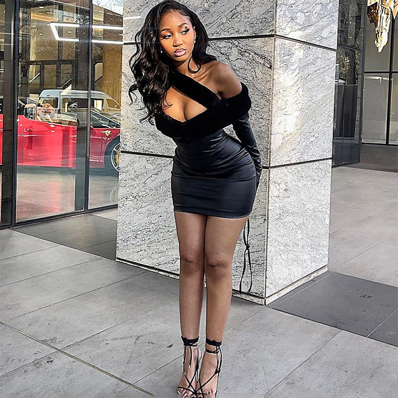 Autumn And Winter Fashionable Women's Clothing Fleece Patchwork Off Shoulder Pu Leather Bodycon Dress 5