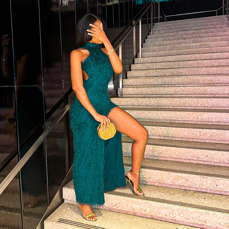 Halter Neck Fur Texture Women Sexy Slim Split Low Back Dress