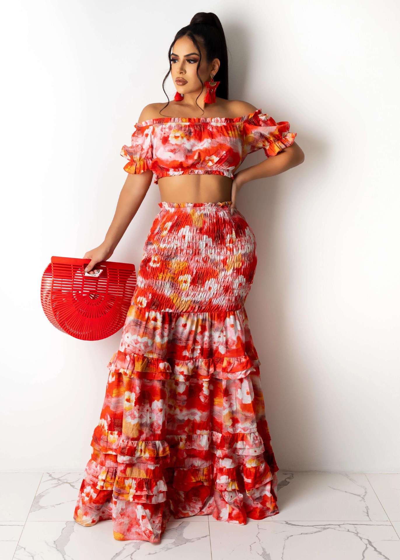 Printed Short Sleeve Sexy Slim Fit Women's Casual Two Piece Skirt Set