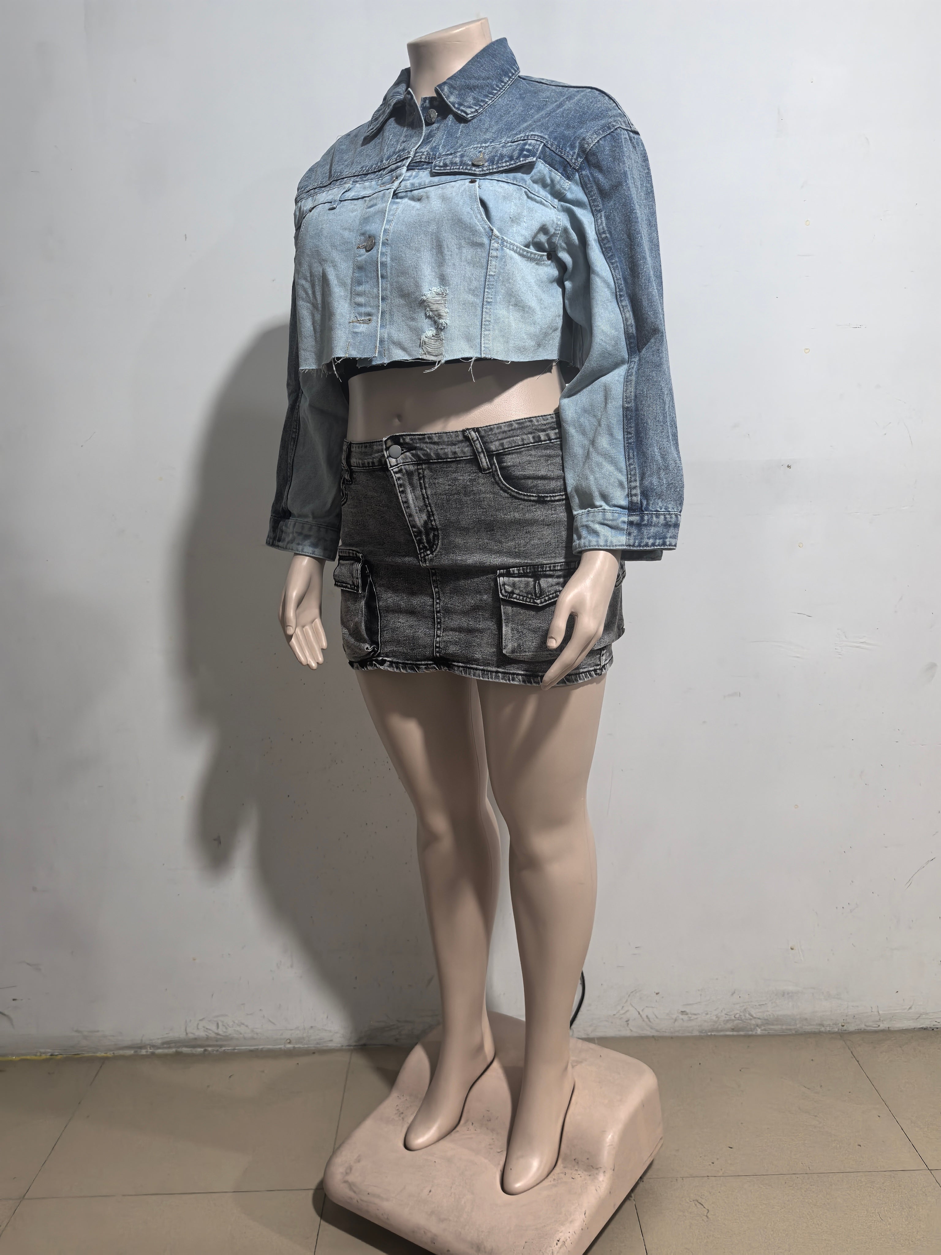 Women Casual Color Block Single Breasted Long Sleeve Denim Jacket 8