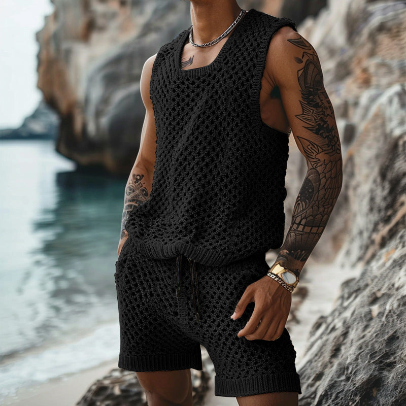 Summer Casual Sleeveless Men's Crochet Tank Top Shorts Two Piece Set 7