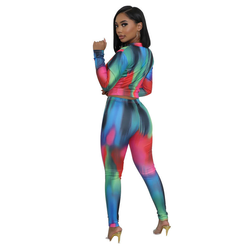 Fashionable Autumn Print Zipper Long Sleeve Slim Fit Two-Piece Pants Set