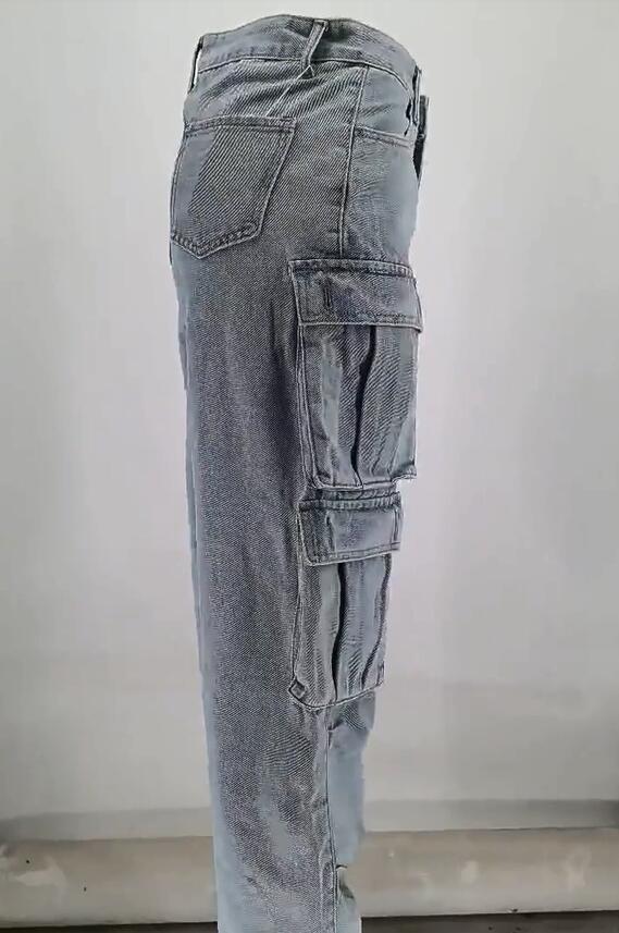 Pocket Cargo Washed Denim Pants Wide Leg Women Jeans 10