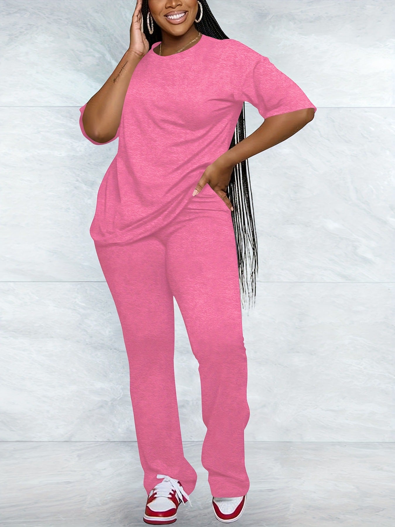 Women Casual Solid Round Neck Top and Pants Two-Piece Set 3