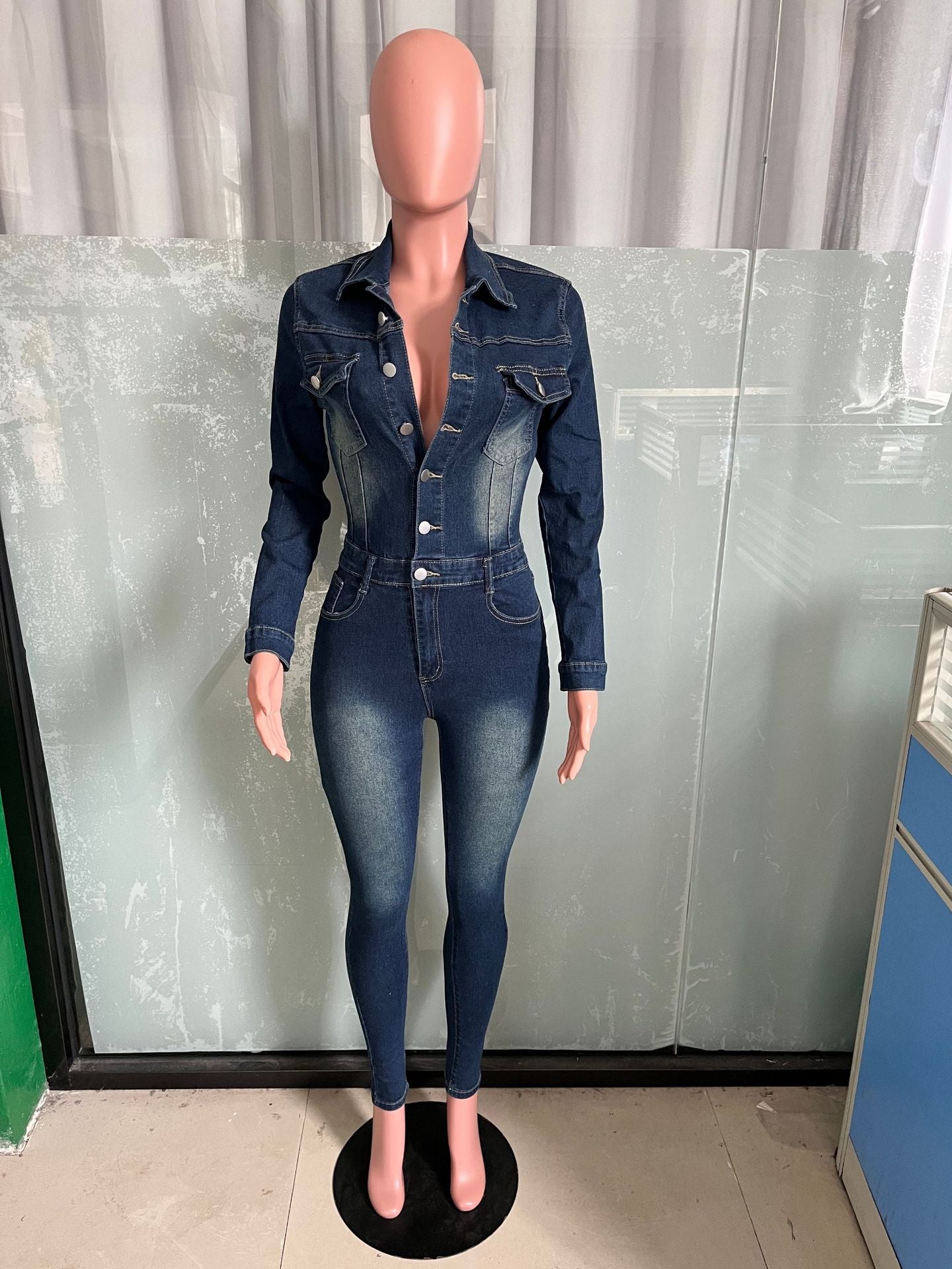 Slim Denim Long-Sleeve Jumpsuit 5