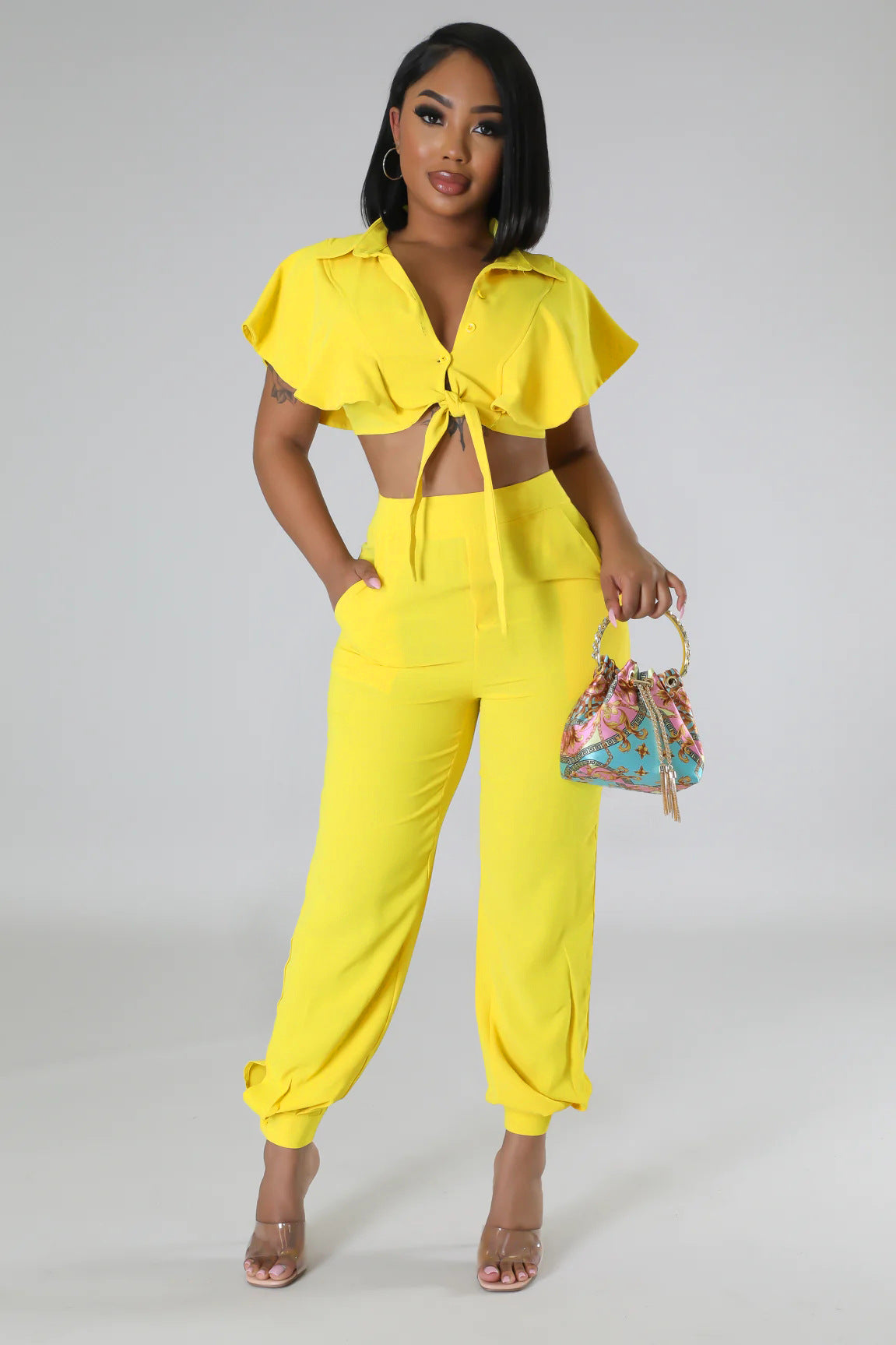 Ruffle Sleeve Crop Short turndown collar Shirt High Waist Casual Fashion pants Women's Two-piece Set 3