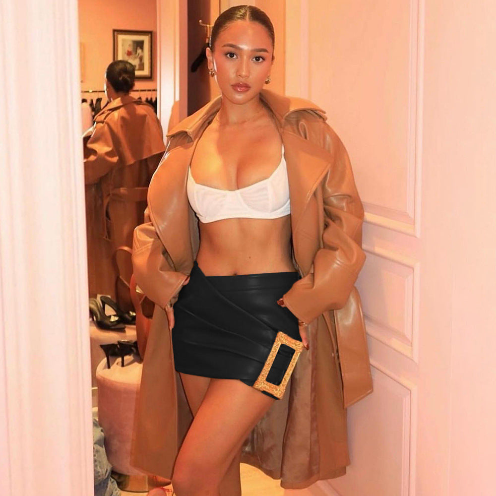 Women sexy irregular gold button pu leather skirt