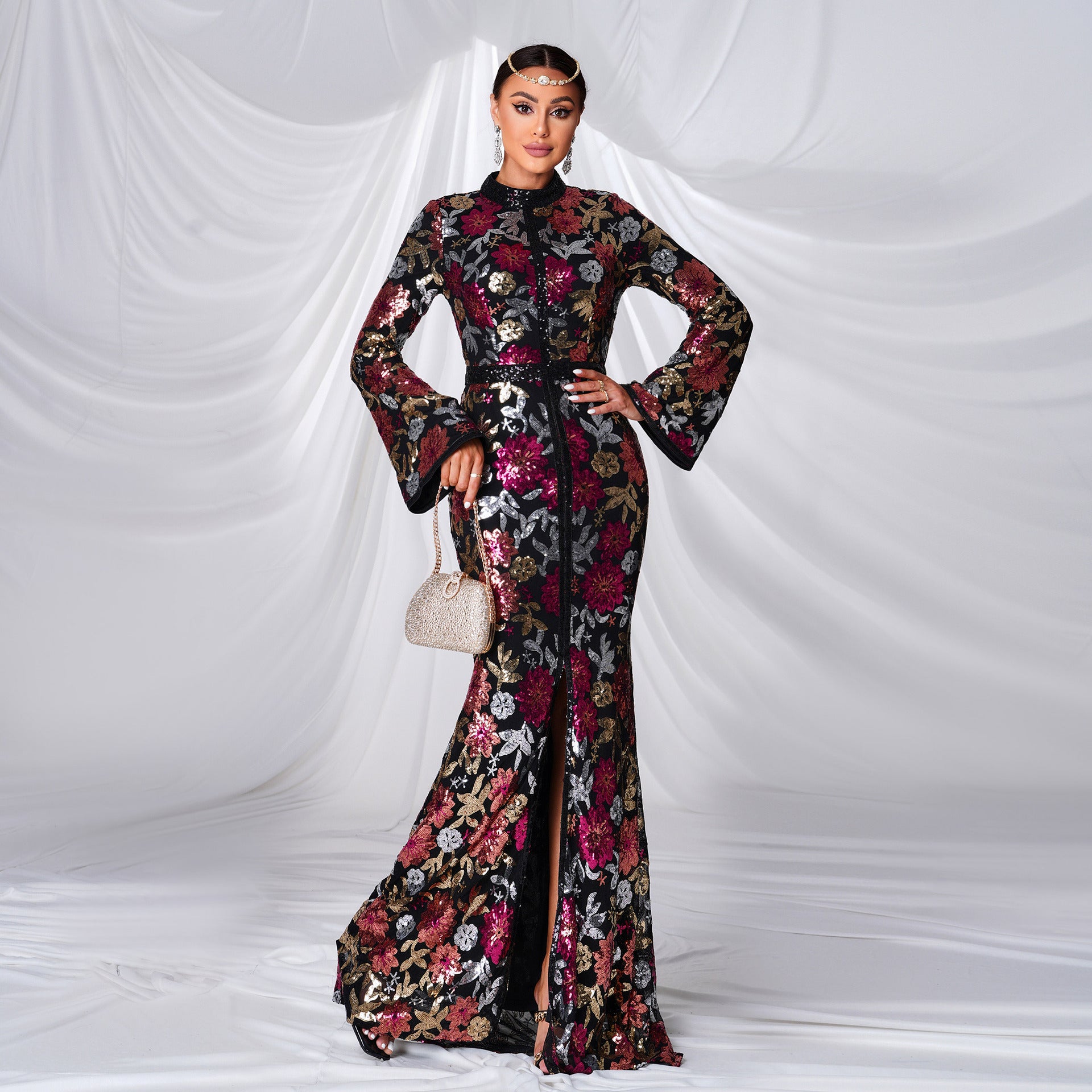 Women long sleeve Round Neck Formal Party sequined fishtail evening dress 3