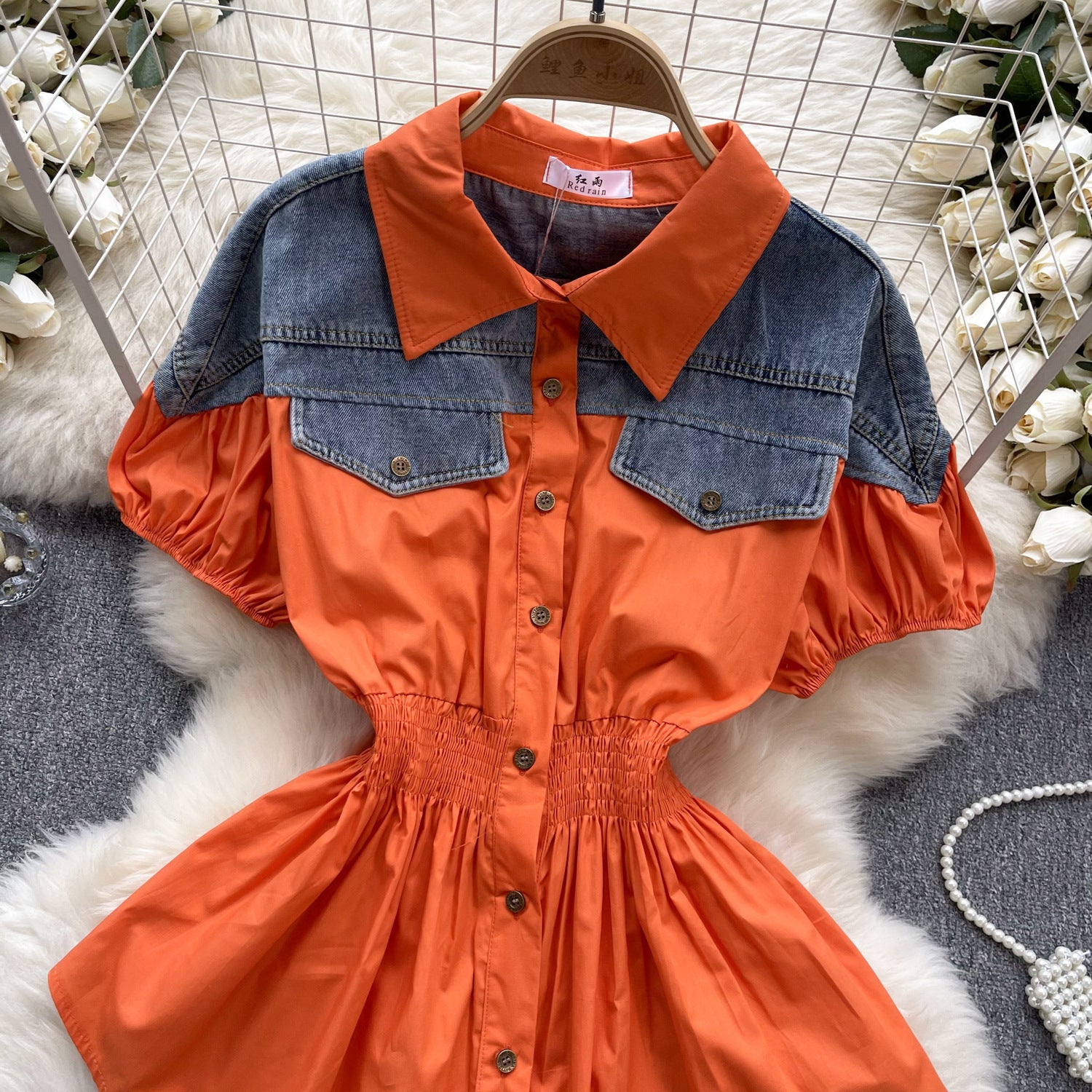 Women Contrast Patchwork Puff Sleeve Stretch Shirt 22