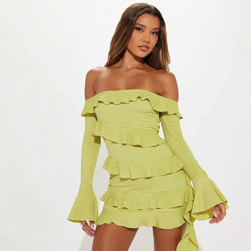Autumn Women long-sleeved Bell Bottom sleeves Off Shoulder ruffle dress 5