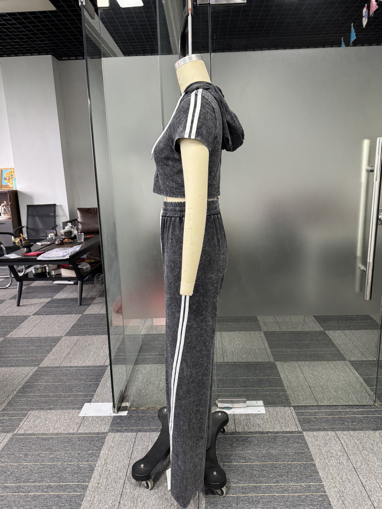 Sexy Casual Elastic Hooded Short Sleeve Two-Piece Pants Set 13