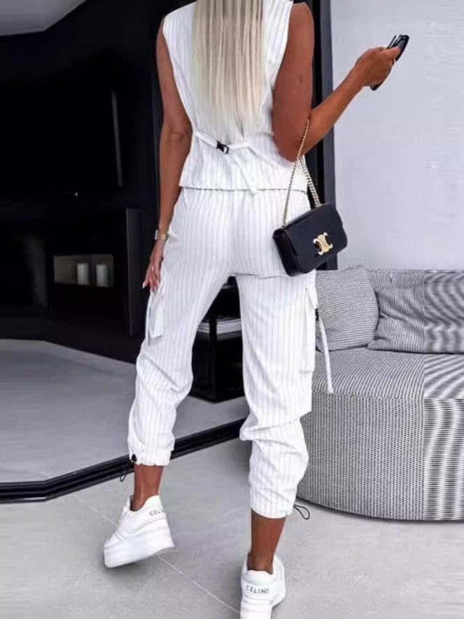 Women's Chic Elegant Solid Color Striped Button Vest Pocket Pants Two Piece Set 4