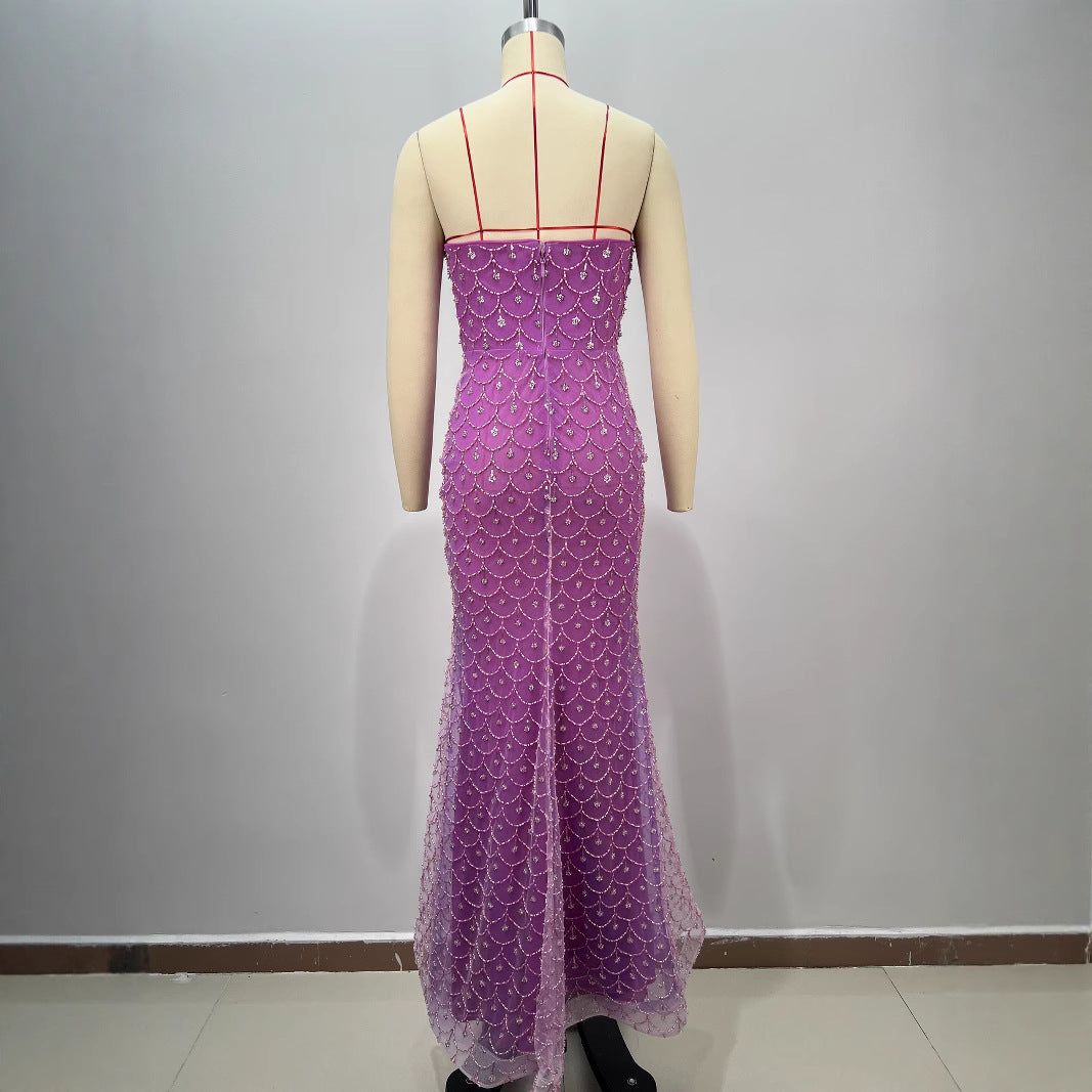 Women Backless Waisted Diamond Fishtail Shell Waist Sequined Evening Dress 5