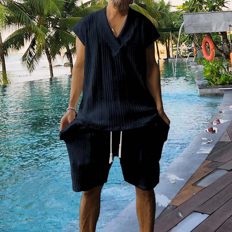 Men's Summer Loose Sleeveless T-Shirt Shorts Men's Summer Casual Jacquard Knitting Set 7