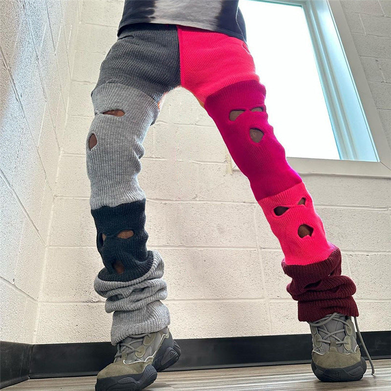 Autumn Casual Women Sexy Hollow Contrast Color Knitting High Waist Straight Pants 7