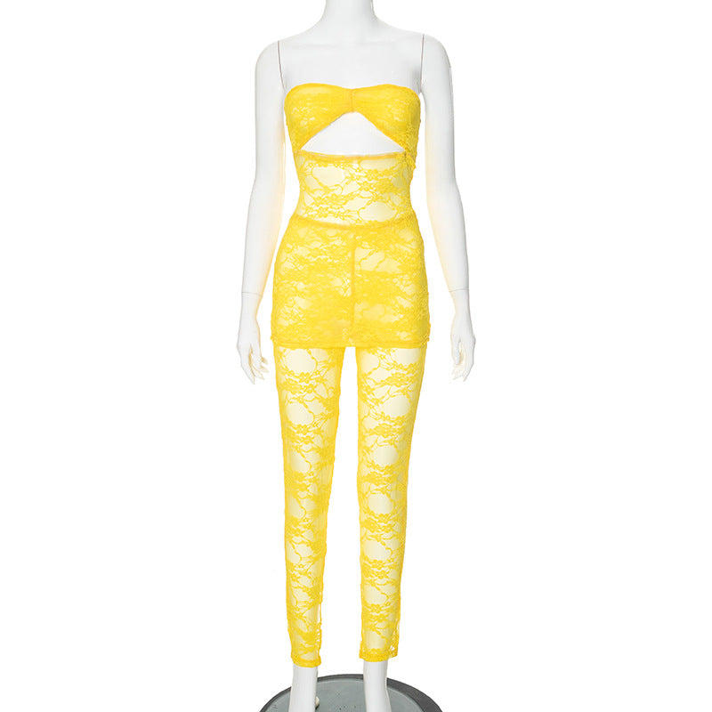 Women Summer Lace Hollow Off Shoulder Strapless Top and Pants Two-piece Set 4