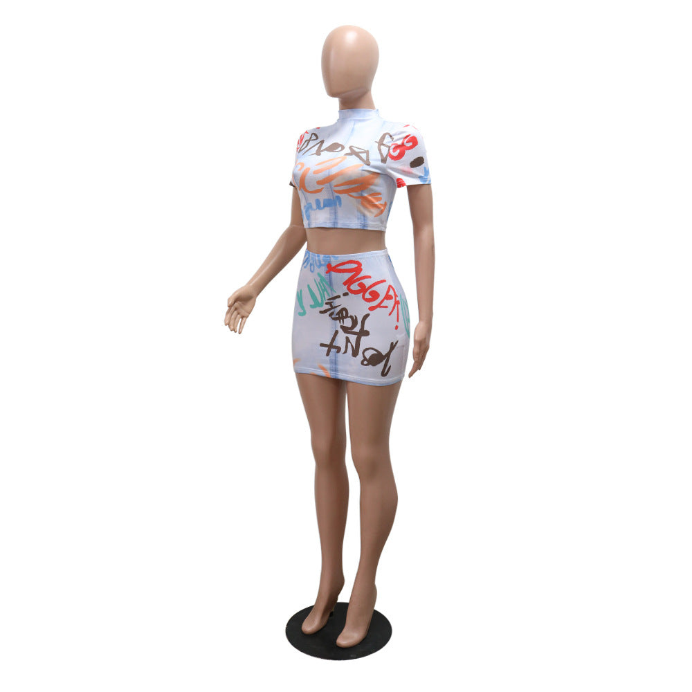 Fashion Printed Round Neck Short Sleeve Top Slim Short Skirt Sexy Two Piece Set 5