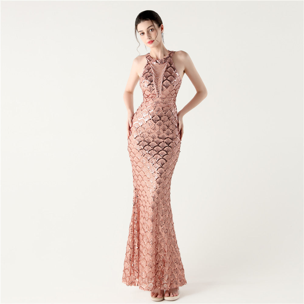 Women Halter Neck high collar hollow fishtail Bodycon fish scale sequin Formal Party evening dress 3