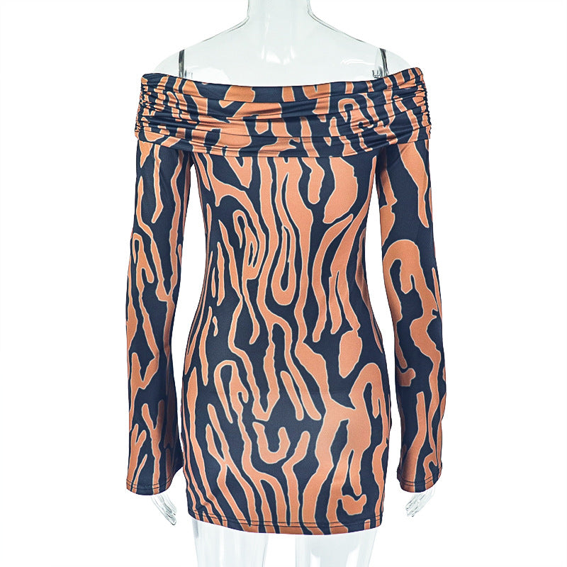 Chic Print Women's Off-Shoulder Long Sleeve Short  odycon Dress 7