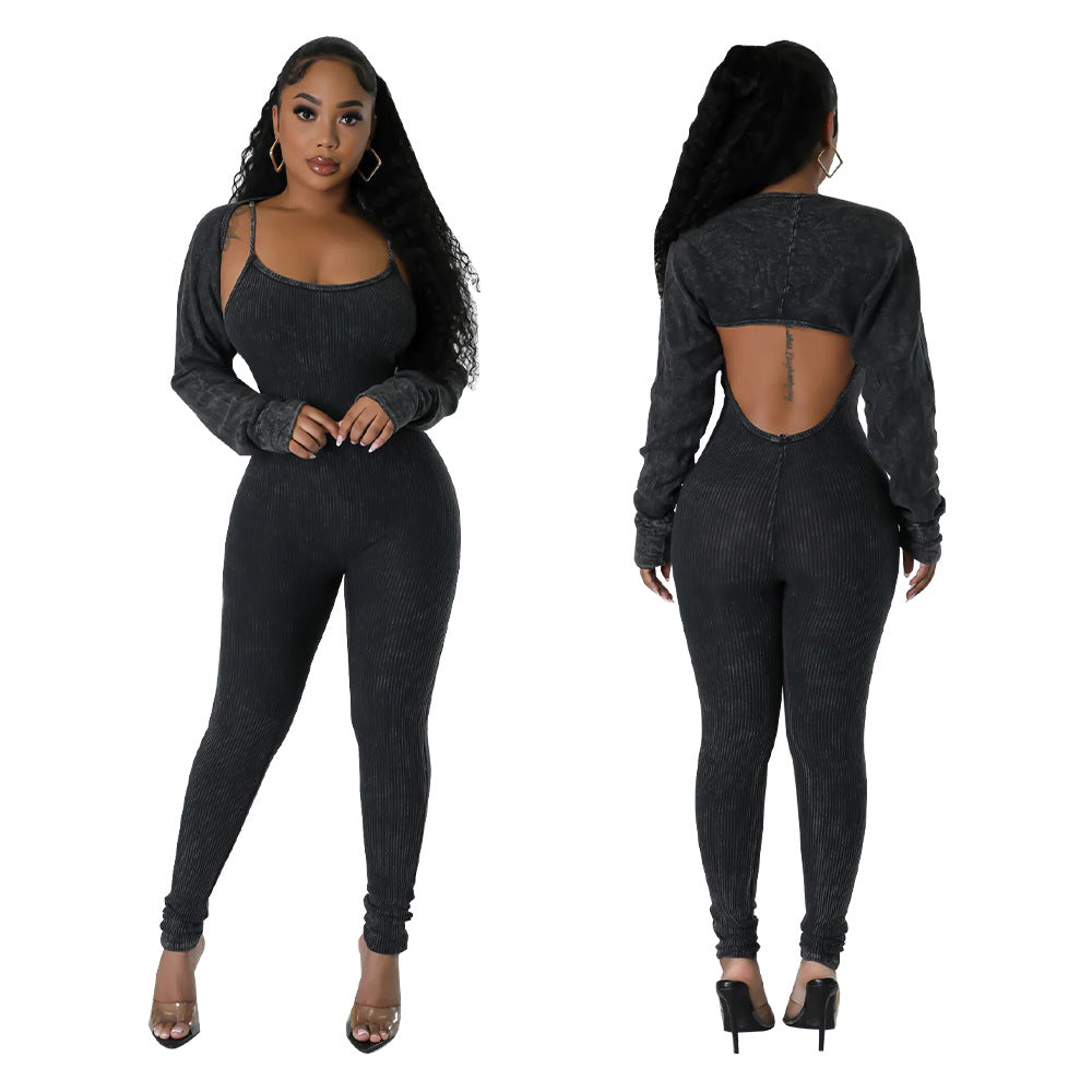 Women's Straps U Neck Sexy Tight Fitting Jumpsuit Long Sleeve Coat Two Piece Set 4