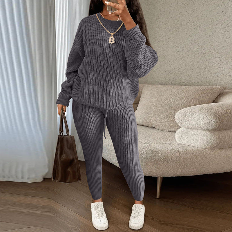 Fashion Casual Knitting Two Piece Pants Set Solid Long Sleeve Loose Sweater Trouser Suits Women's Clothing 22
