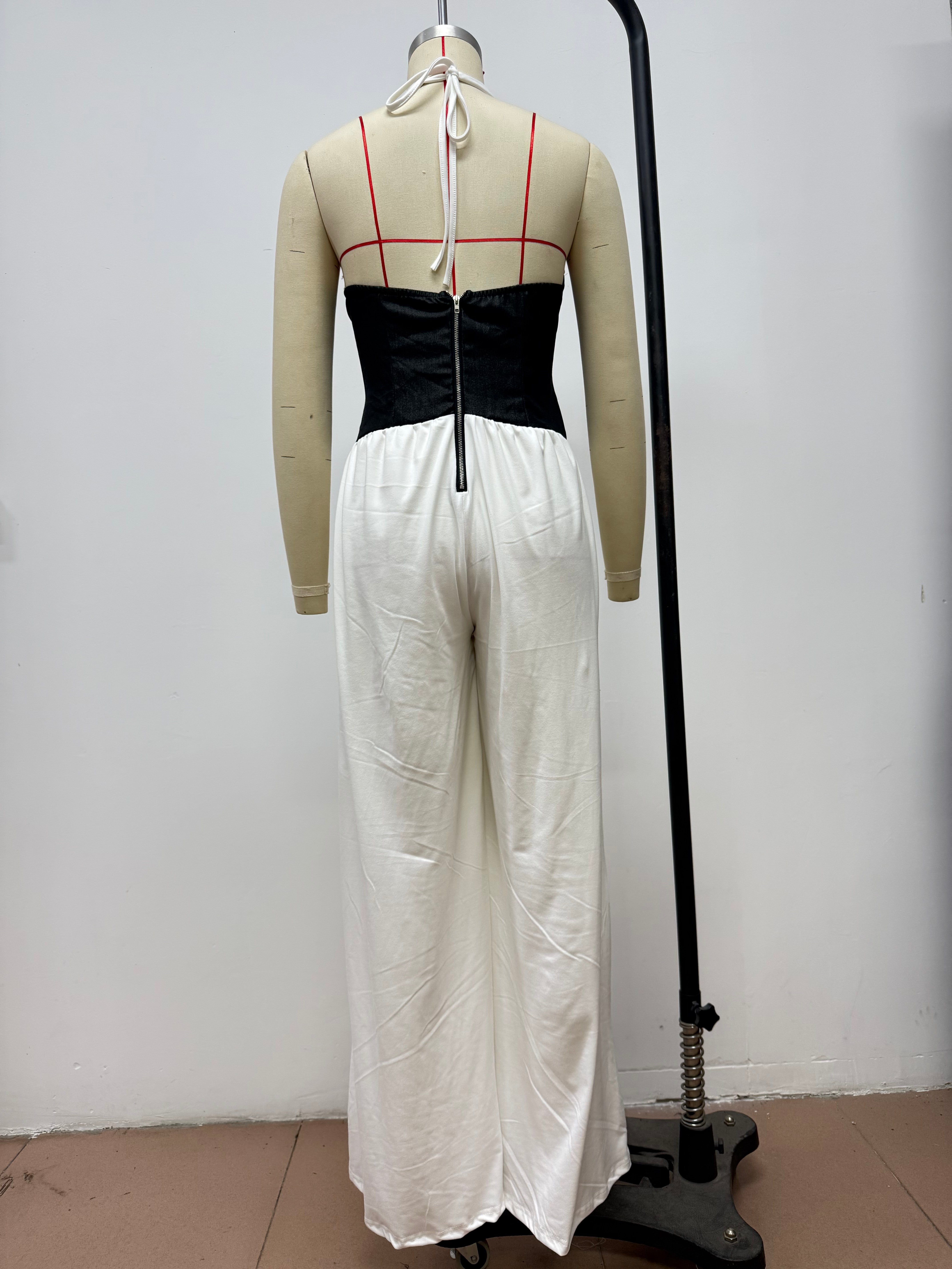 Women Halter Neck Sleeveless Patchwork Wide-leg Jumpsuits 10