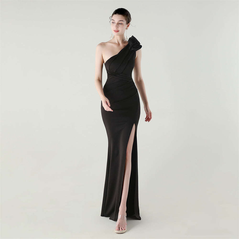 Women one-shoulder flower satin slit sexy evening dress 16