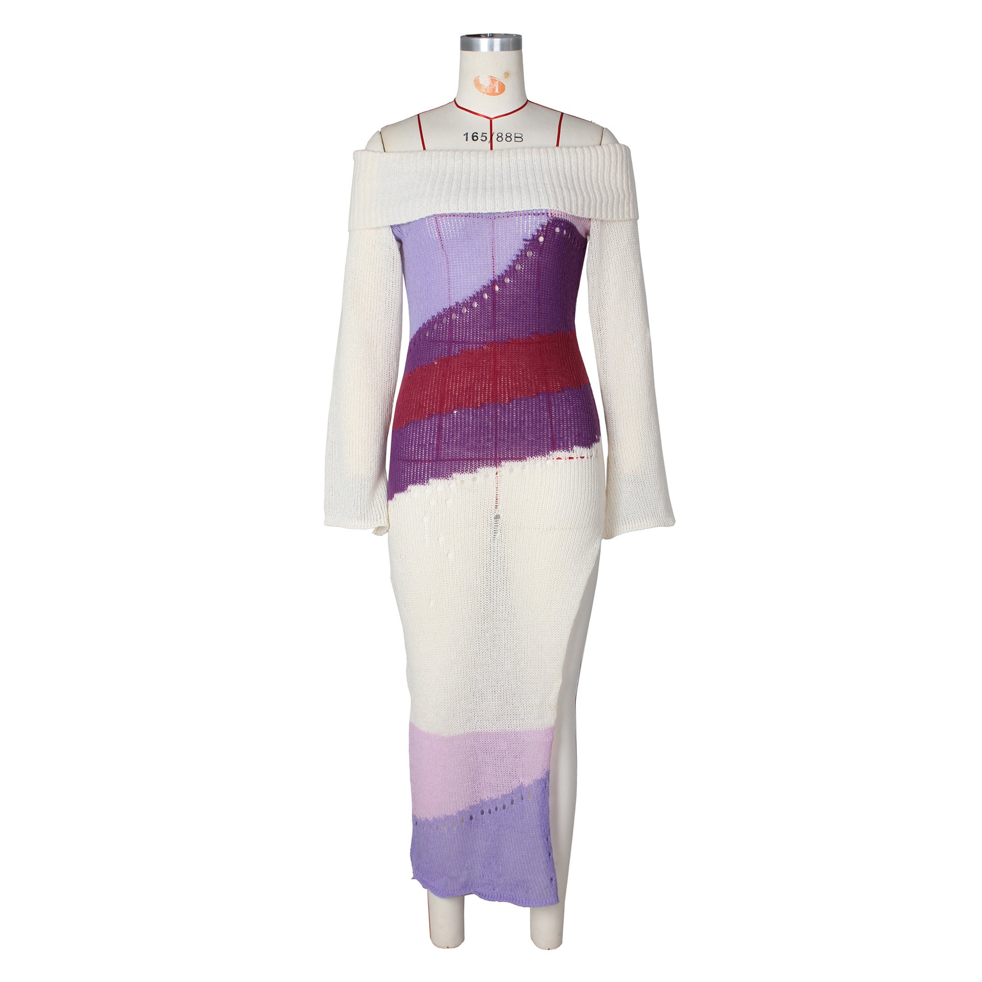 Women's Sexy Off Shoulder Long-Sleeved Contrasting Knitting High-Slit Long Dress 7