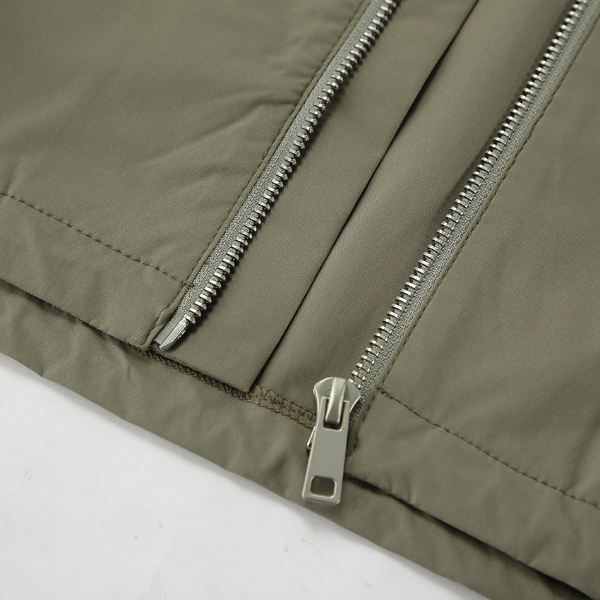 Green Windbreaker Autumn And Winter Loose Stand Collar Long Sleeve Top Split Shorts Casual Two Piece Set 9