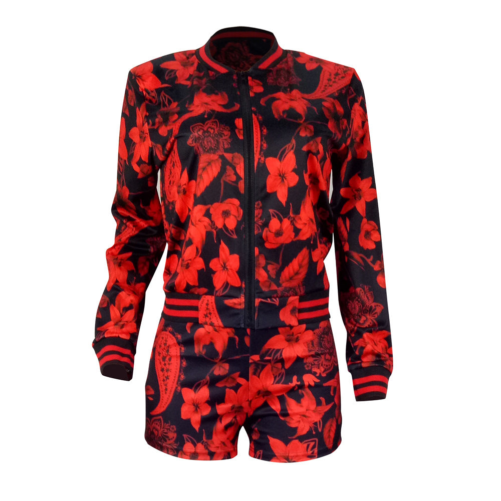 Women Autumn and Winter Style Print Long Sleeve Top And Shorts Two Piece Set 4