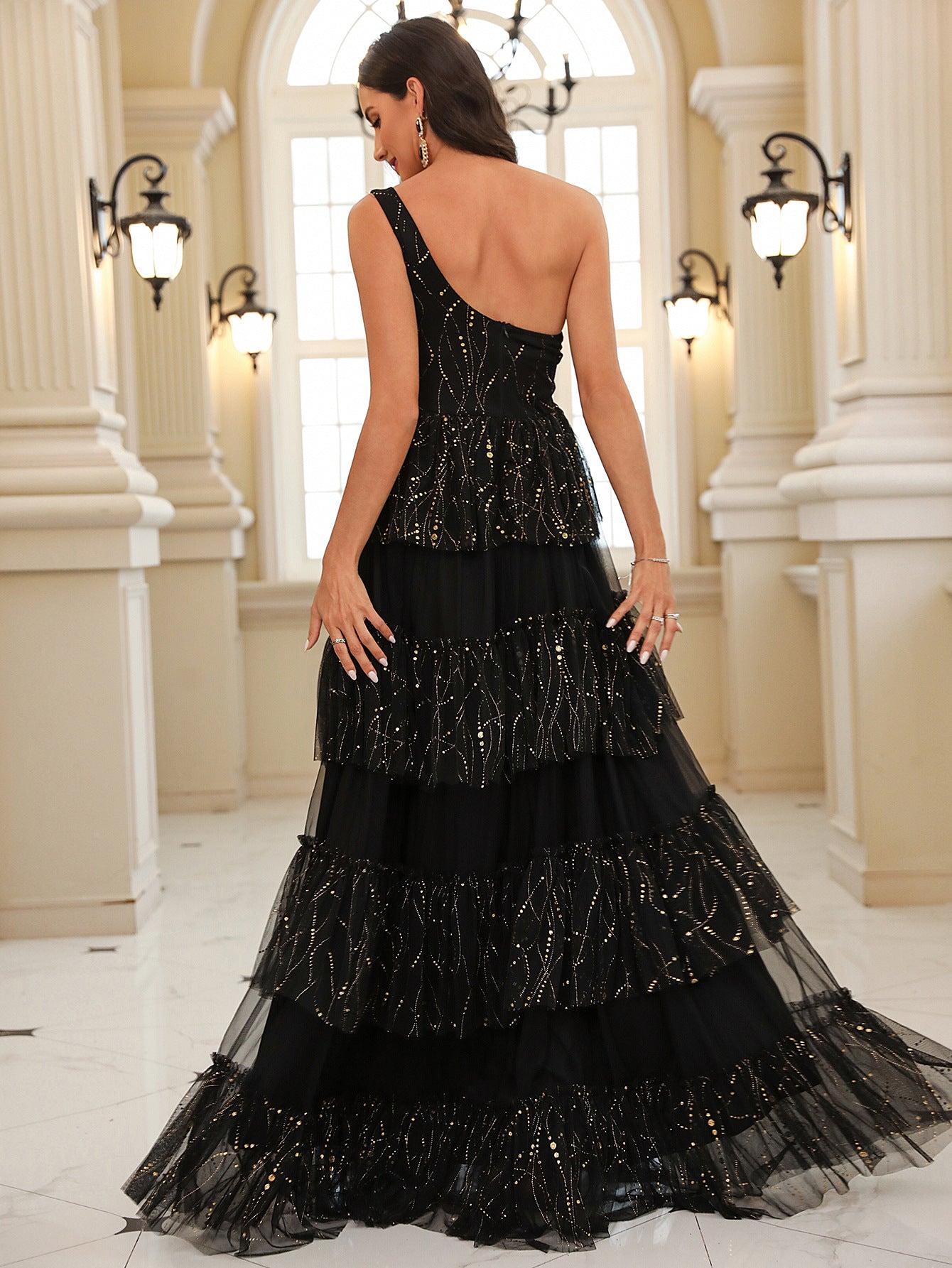 Summer Women's Slash Shoulder Cascading Ruffles Mesh  Elegant Chic Long Evening Dress 5