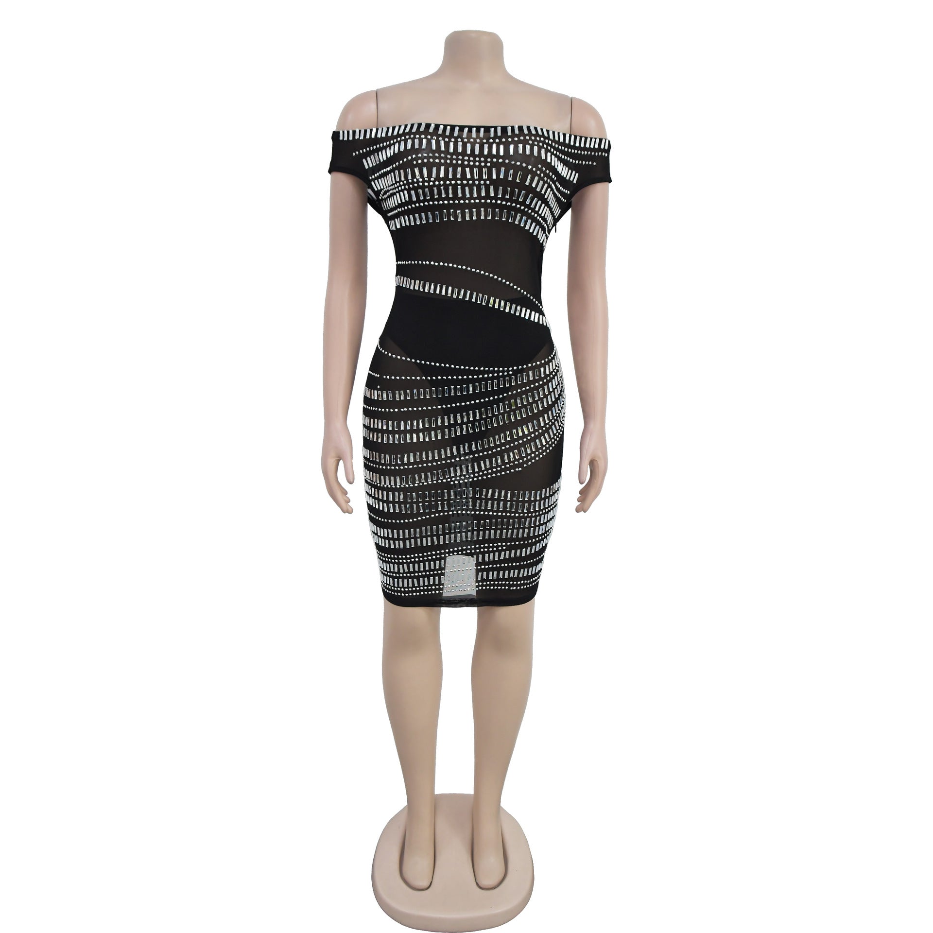 Fashion Women's Off Shoulder Slim Beaded Bodycon Dress 14