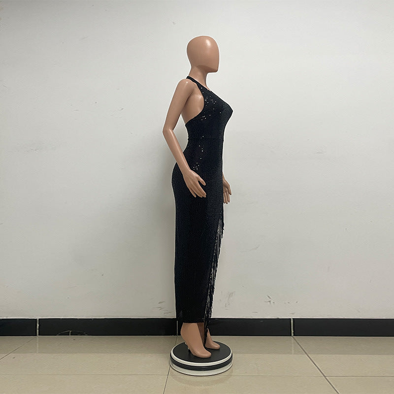 Women Backless Party sleeveless Halter Neck tassel sequin slit dress 15
