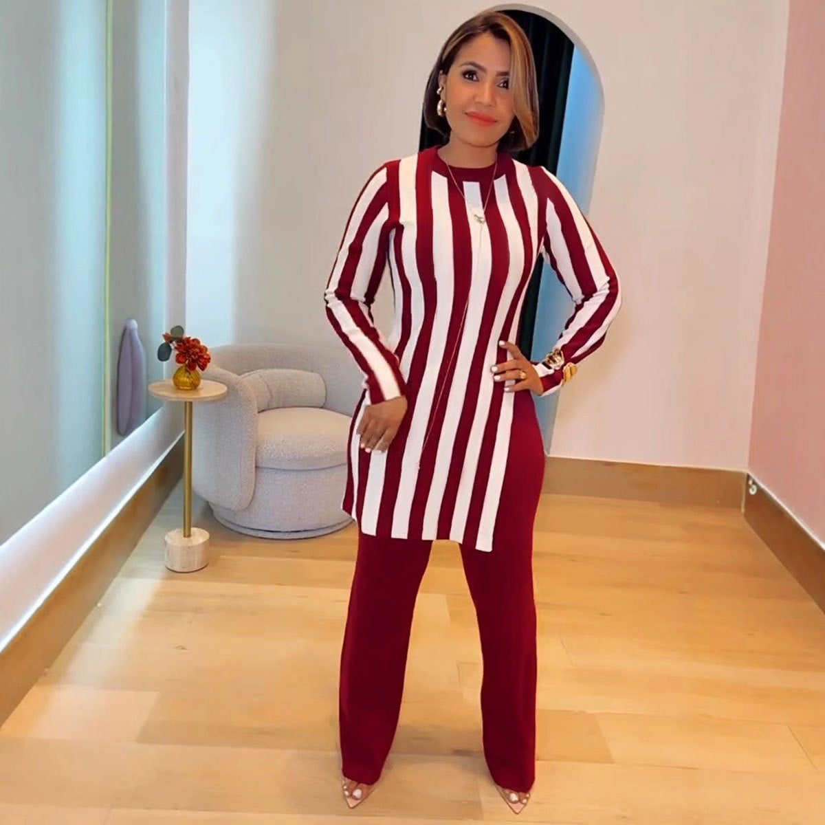 Women stripe printed long-sleeved top and pants two-piece set 6