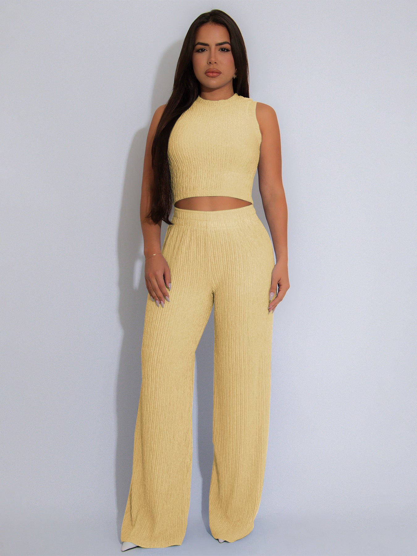 Casual High Stretch Ribbed Sleeveless Tank Top Wide Leg Pants Two Piece Set 24