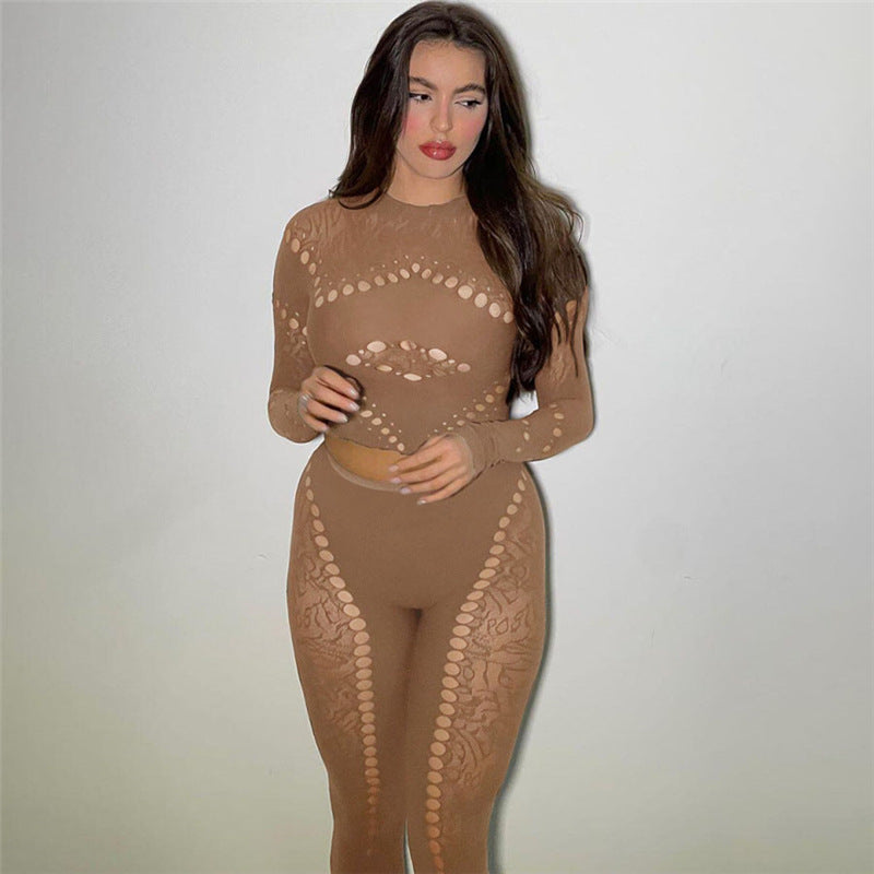 Fall Women's Sexy Round Neck Cutout Tight Fitting Top High Waist See-Through Casual Pant Set 9