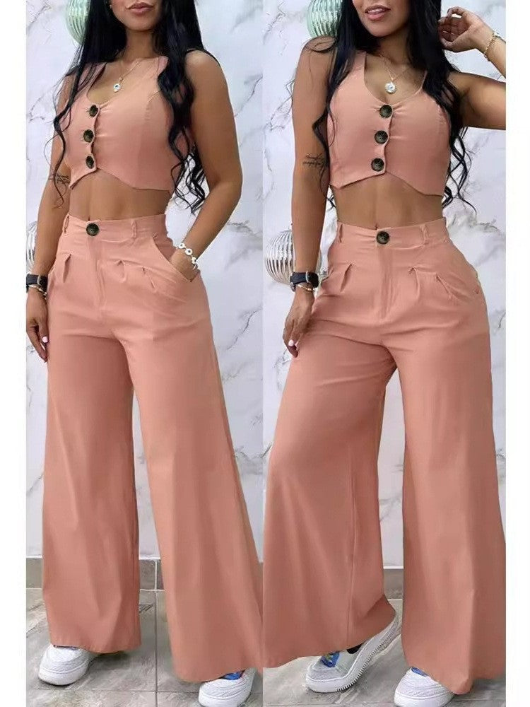 Women Solid vest and wide-leg pants two-piece set