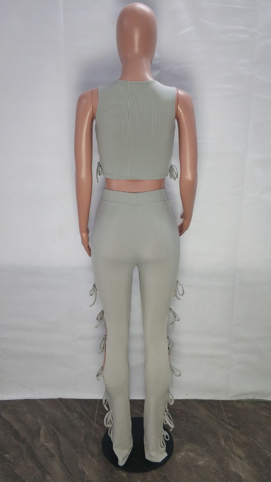 Women's Fashion Summer Style Cutout Tie Solid Color Ribbed Sleeveless Two-Piece Pants Set 22