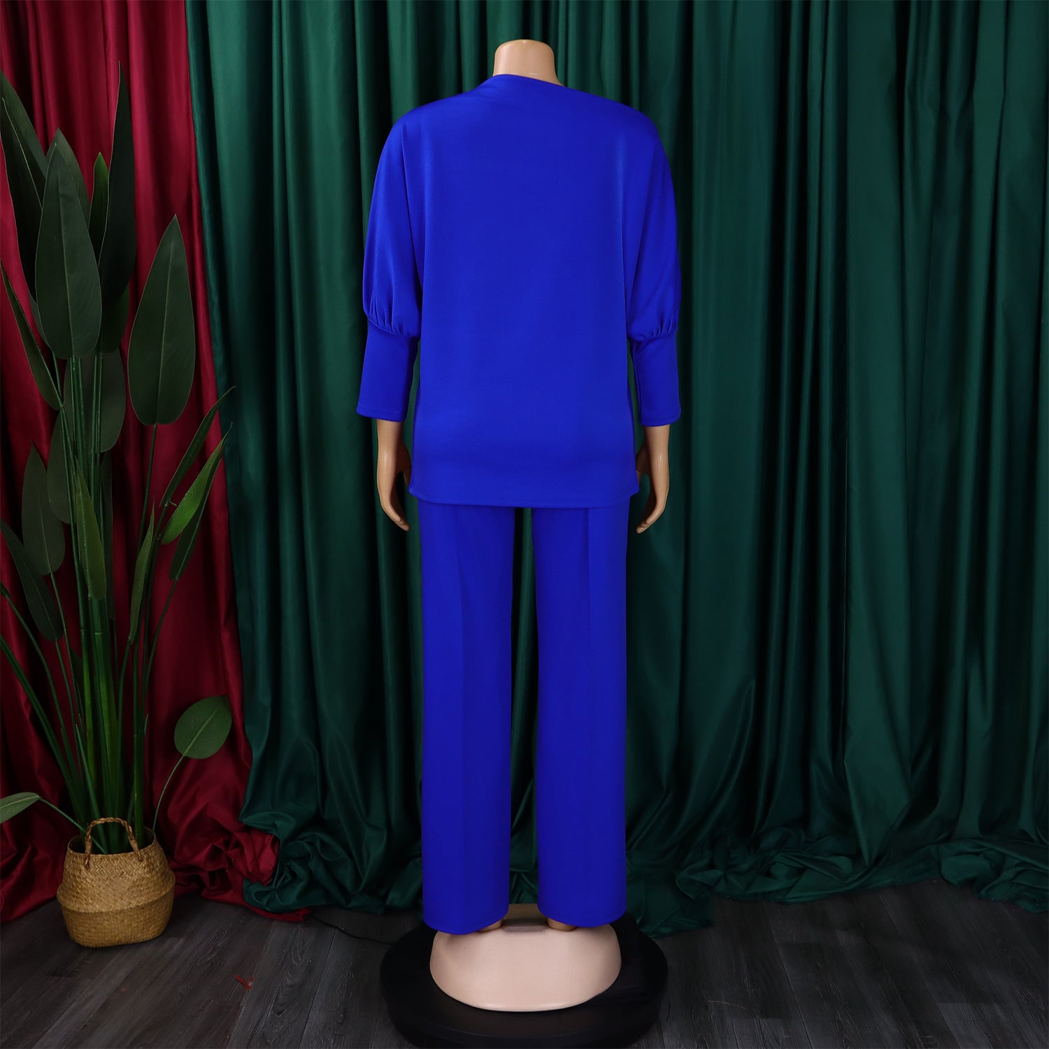 Women's Fall Fashion Solid Color Slash Shoulder Top Wide Leg Pants African Suit 16