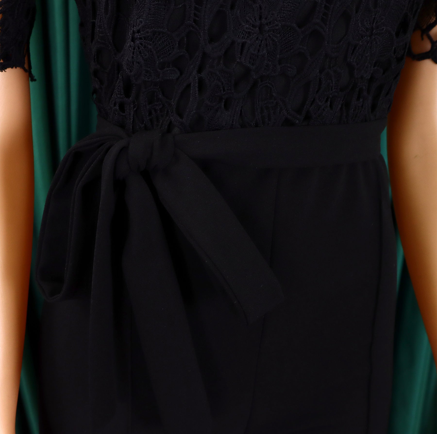 Women's Sexy Lace Hollow Short Sleeve Belt High Waist Wide Leg Jumpsuit 24