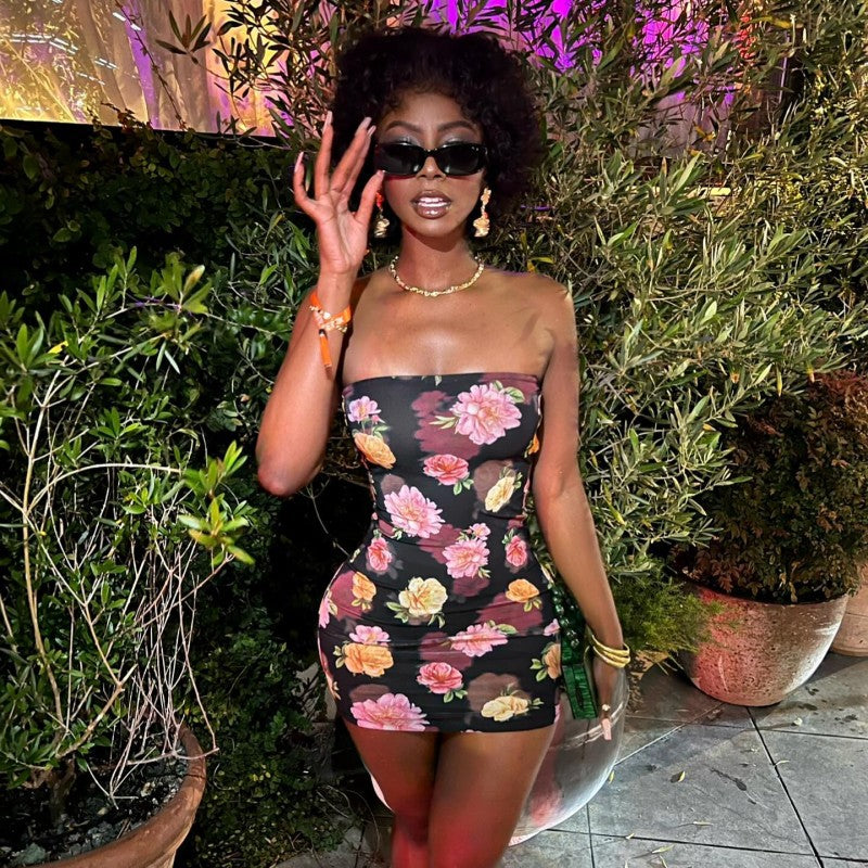 Summer Fashion Flower Print Sexy Strapless Short Dress