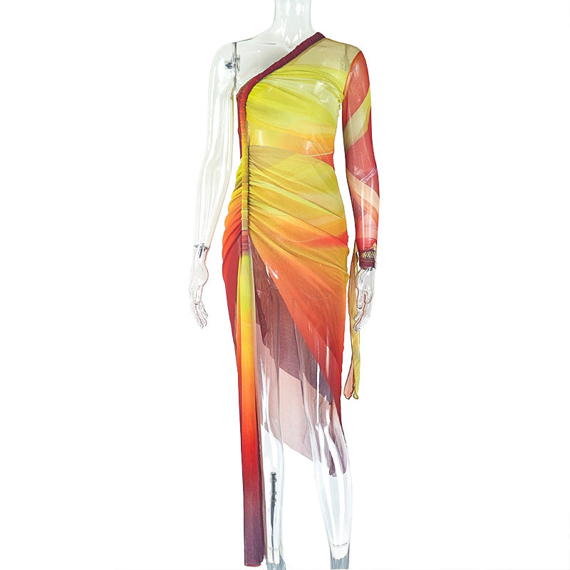 Women's pleated color matching slit slim irregular Slash Shoulder one-shoulder long sleeve fashion dress 6