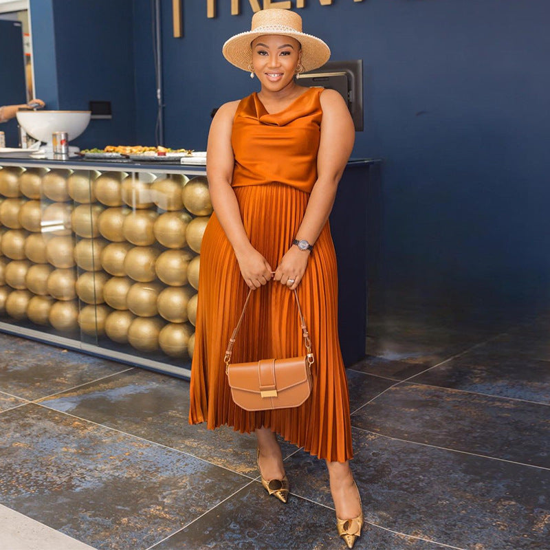 Women Summer Casual Solid Sleeveless Top and Pleated Skirt Casual Two-piece Set 7