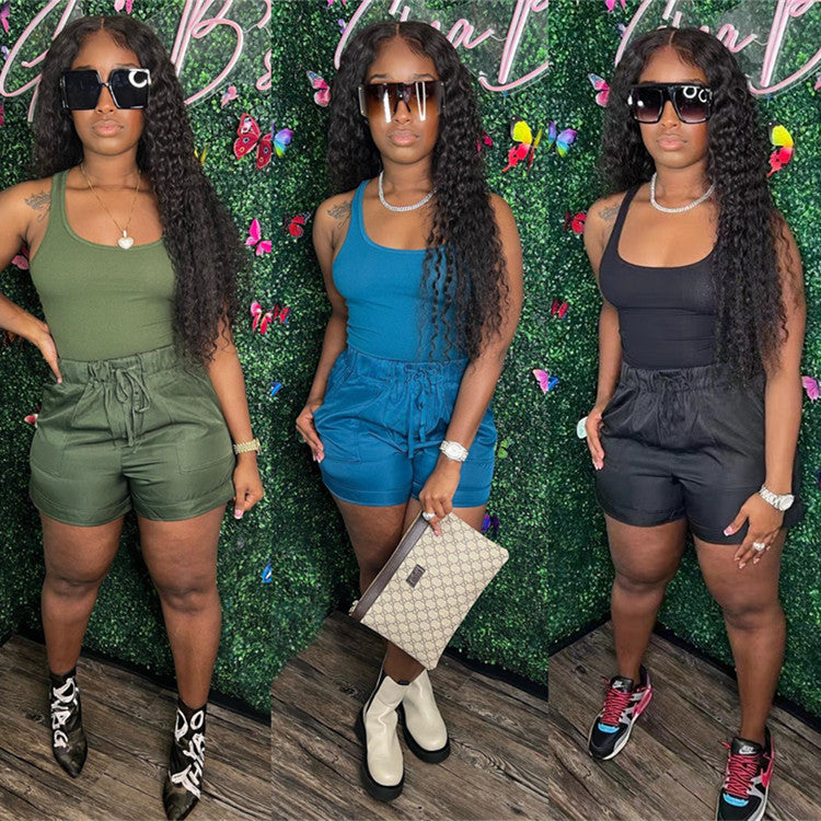 Women's Fashion Solid Color Two Piece Vest Loose Casual Shorts Summer Two Piece Set