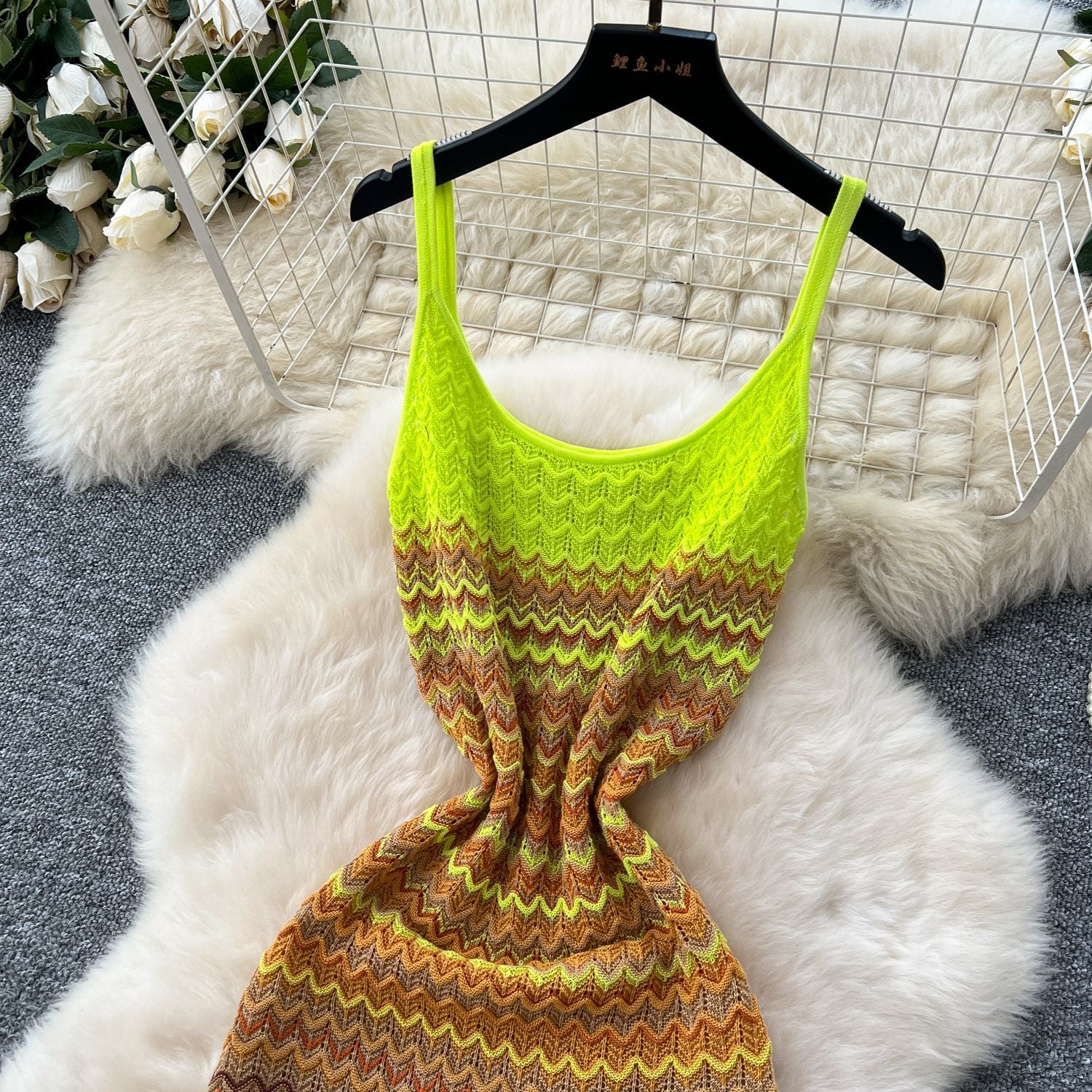 Women's Summer Strap Knitting Gradient Color Slim Bodycon Long Dress 14