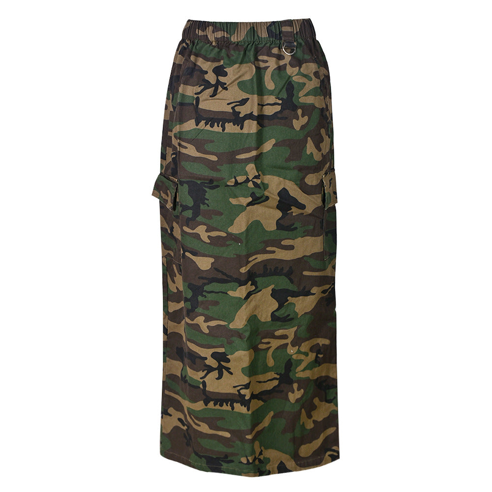 Elastic Waist Women's Spring and Summer Pocket Outdoor Fashion Style Camouflage Washed Skirt 15