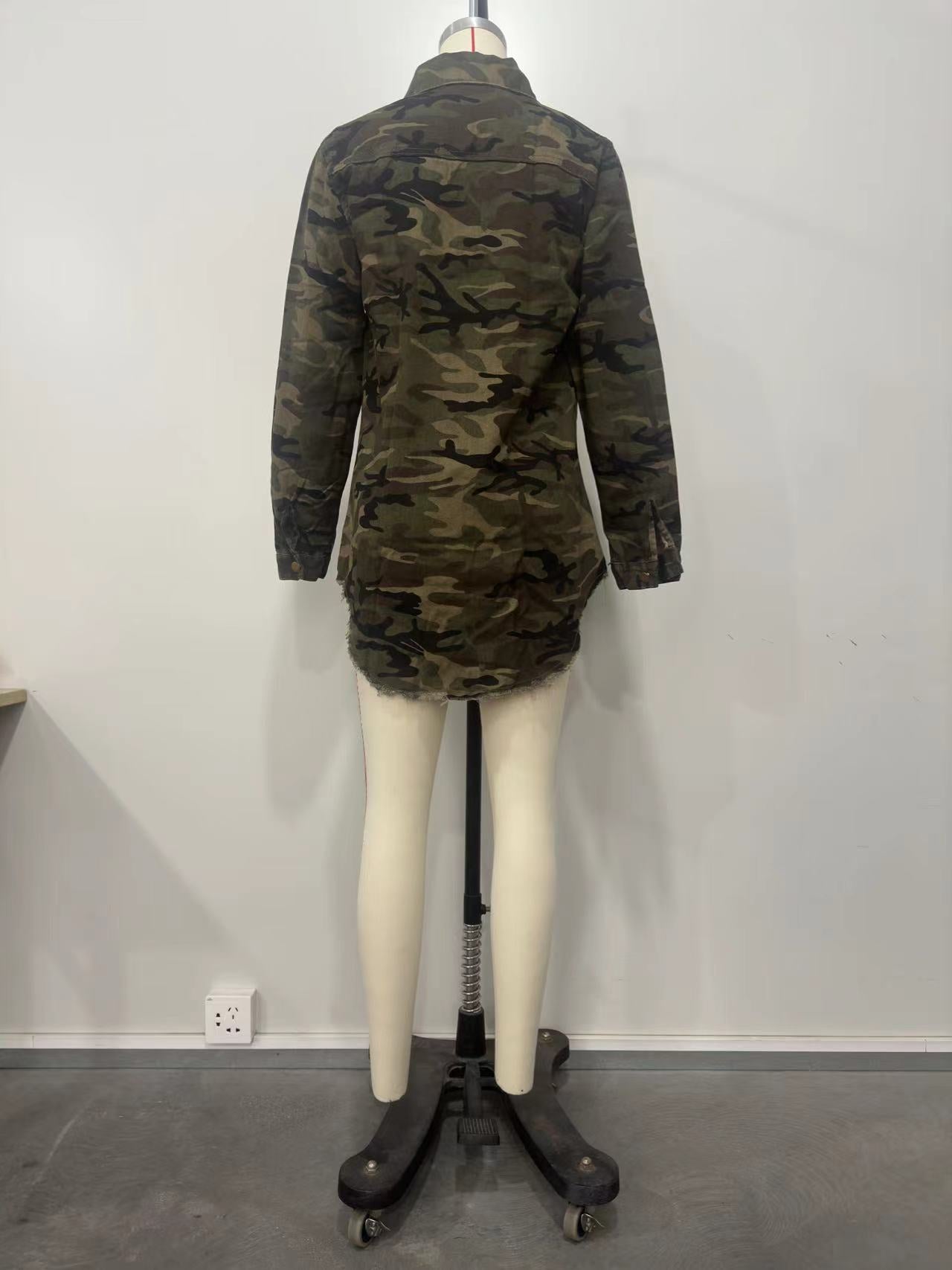 Women's Long Sleeve Camo Ripped Shirt Turndown Collar Long Sleeve Top 8