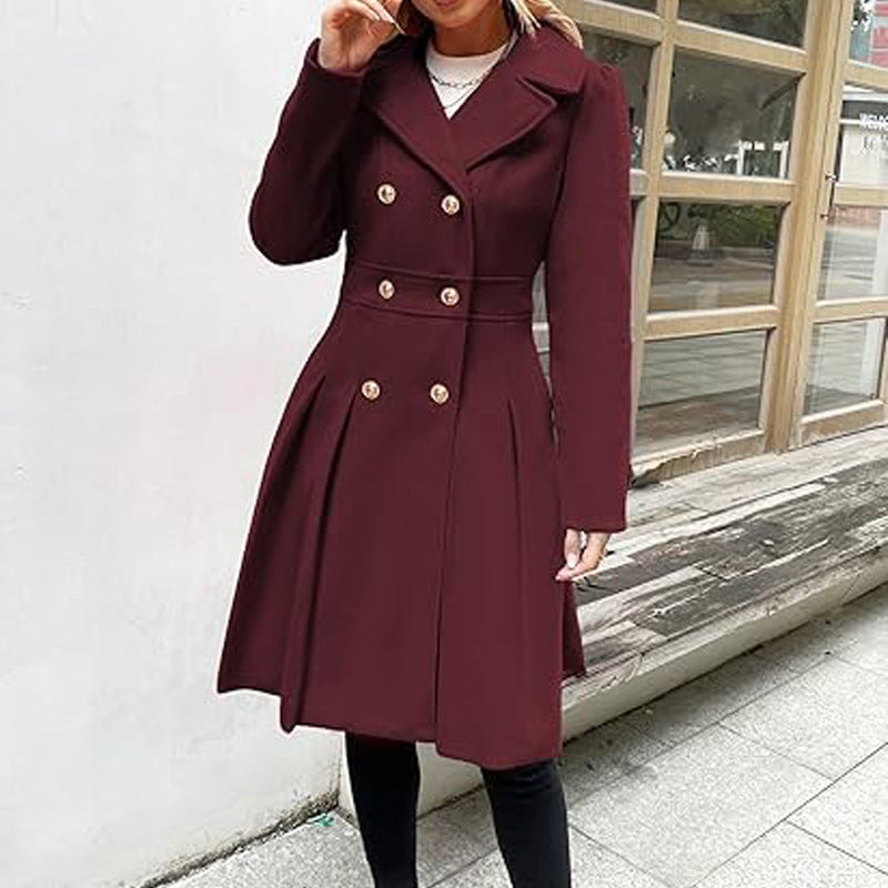 Women Fall and Winter Turndown Collar Double-Breasted Pocket Windbreaker 6