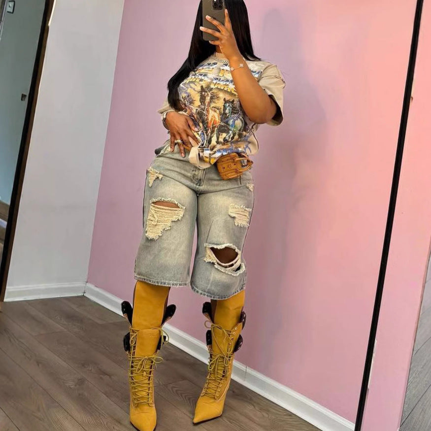 Summer High-Waist Loose Distressed Ripped Denim Straight/Wide-Leg Pants 6